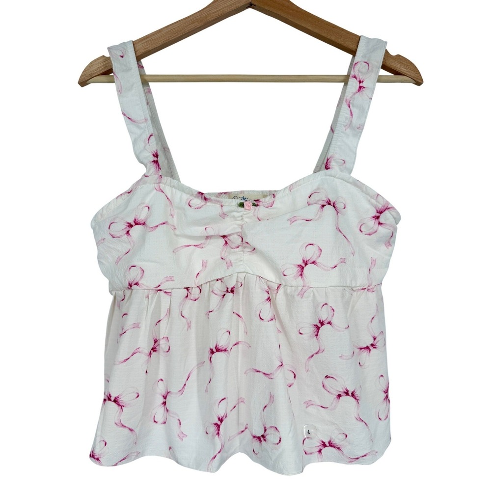 Demetra for Aeropostale White Bows Cropped Babydoll Tank Top Size L Coquette‎